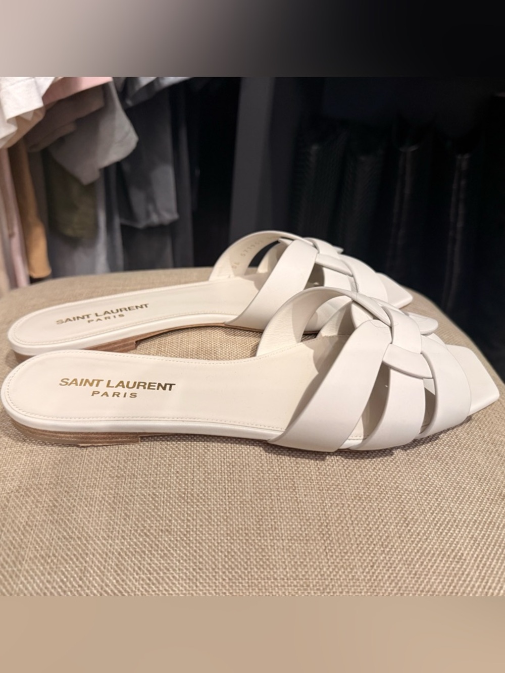 Saint Laurent Tribute White Leather Slide Sandals Flats Size 38.5 worn once box - Picture 3 of 11